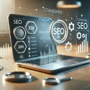 DALL·E 2024-07-18 14.50.13 - A high-quality image representing standard SEO services. The scene includes a modern laptop on a desk displaying a basic SEO dashboard with essential .webp