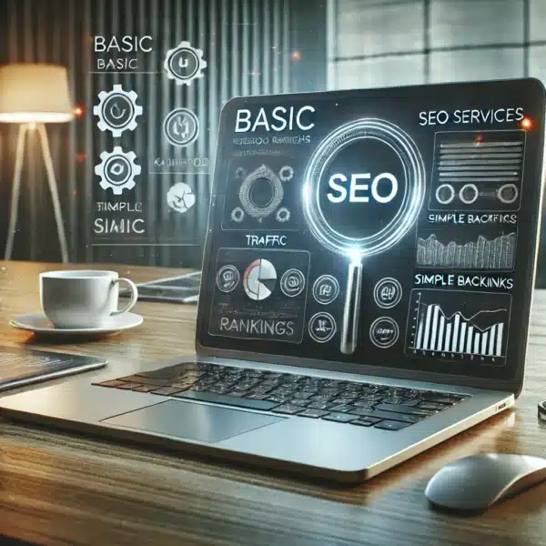 DALL·E 2024-07-18 14.53.26 - A high-quality image representing basic SEO services. The scene includes a modern laptop on a desk displaying a simple SEO dashboard with essential me.webp