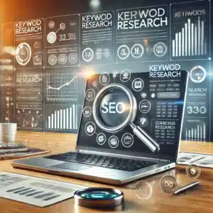 DALL·E 2024-07-18 14.54.59 - A high-quality image representing keyword research for SEO. The scene includes a modern laptop on a desk displaying a detailed keyword research tool i.webp