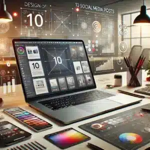 DALL·E 2024-07-18 14.55.56 - A high-quality image representing the design of 10 social media posts. The scene includes a modern laptop on a desk displaying a design software inter.webp