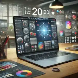 DALL·E 2024-07-18 14.56.43 - A high-quality image representing the design of 20 social media posts. The scene includes a modern laptop on a desk displaying a design software inter.webp