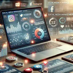 DALL·E 2024-07-18 15.12.03 - A high-quality image representing social media management. The scene includes a modern laptop on a desk displaying a social media management dashboard.webp